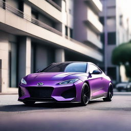 A detailed image of a Hyundai Coupé with a hard tune, featuring a purple and white mix color scheme