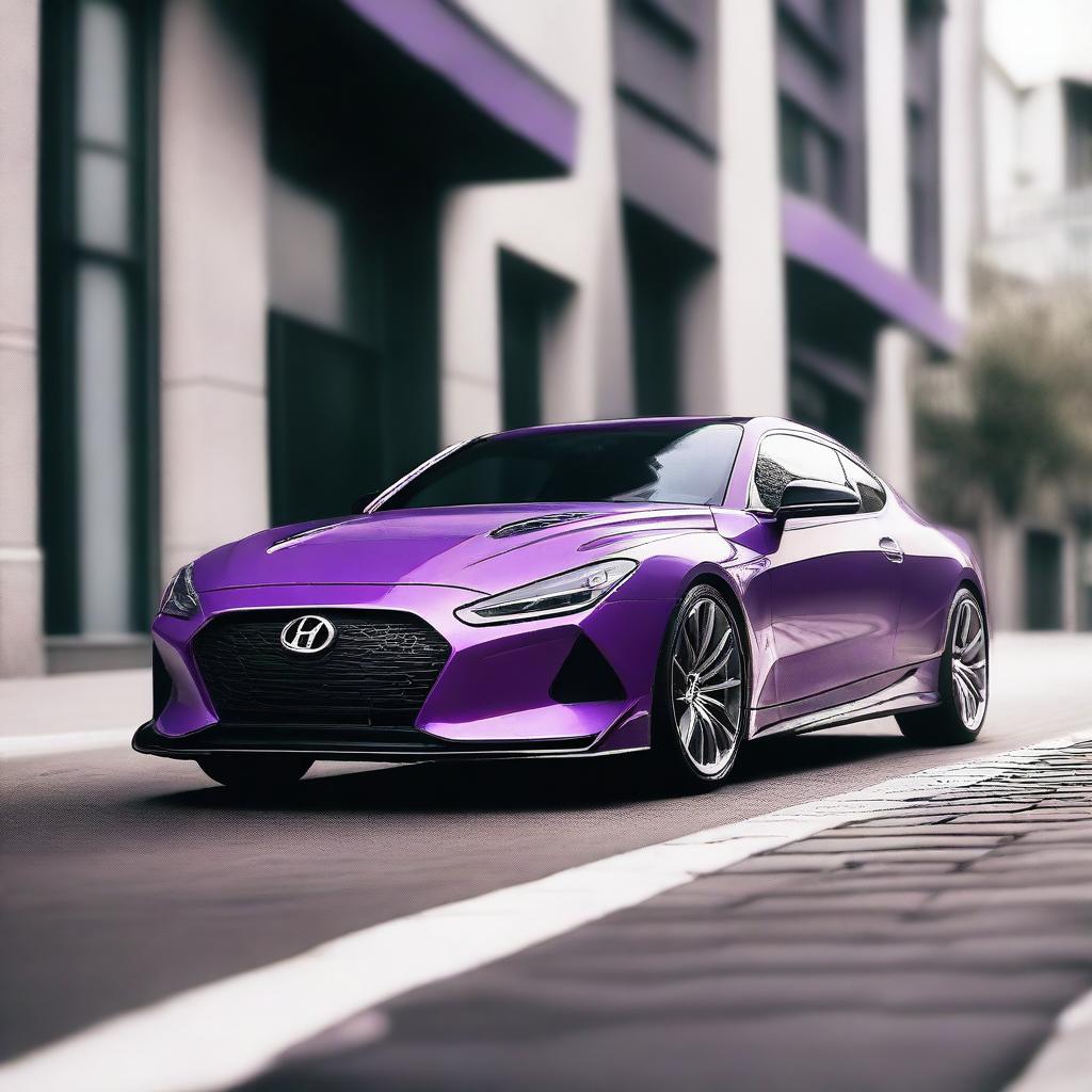 A detailed image of a Hyundai Coupé with a hard tune, featuring a purple and white mix color scheme