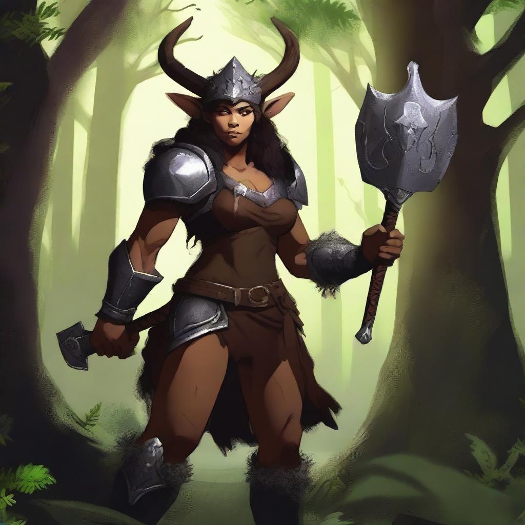 A female satyr with dark brown fur, an orcish face with deer ears and nose