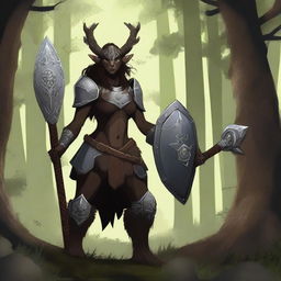 A female satyr with dark brown fur, an orcish face with deer ears and nose