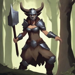 A female satyr with dark brown fur, an orcish face with deer ears and nose