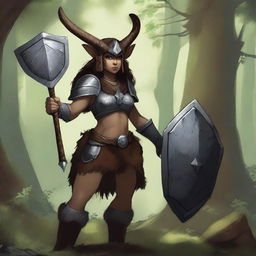 A female satyr with dark brown fur, an orcish face with deer ears and nose