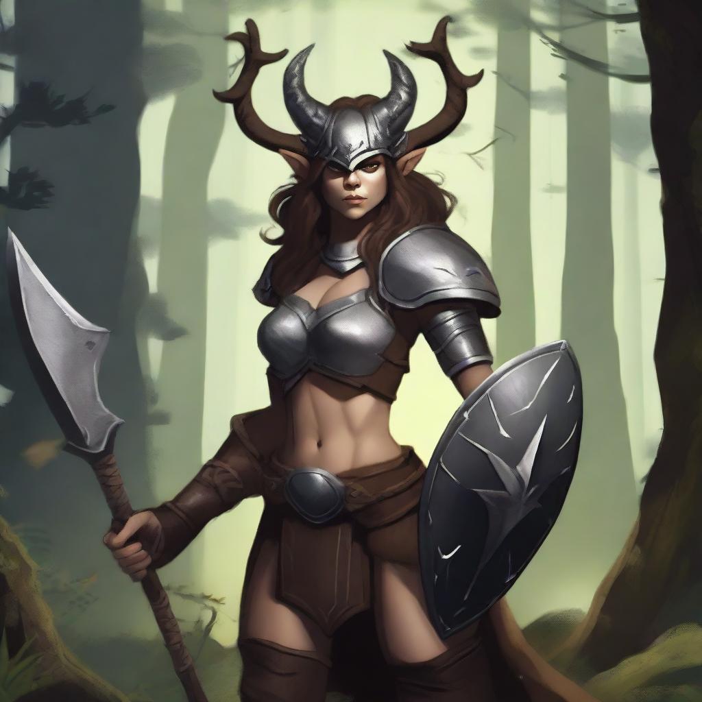 A female satyr with dark brown fur and an orcish face with deer ears and nose