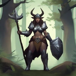 A female satyr with dark brown fur and an orcish face with deer ears and nose