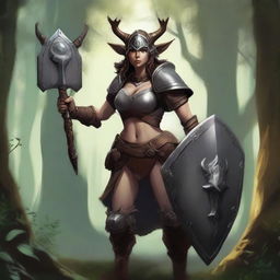 A female satyr with dark brown fur and an orcish face with deer ears and nose