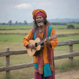 A Baul singer, in colorful attire, passionately singing in front of a rustic, rural landscape complete with open fields and an old wooden fence.