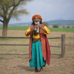 A Baul singer, in colorful attire, passionately singing in front of a rustic, rural landscape complete with open fields and an old wooden fence.