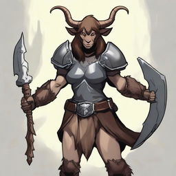 In the style of Dungeons and Dragons, a female satyr with dark brown fur