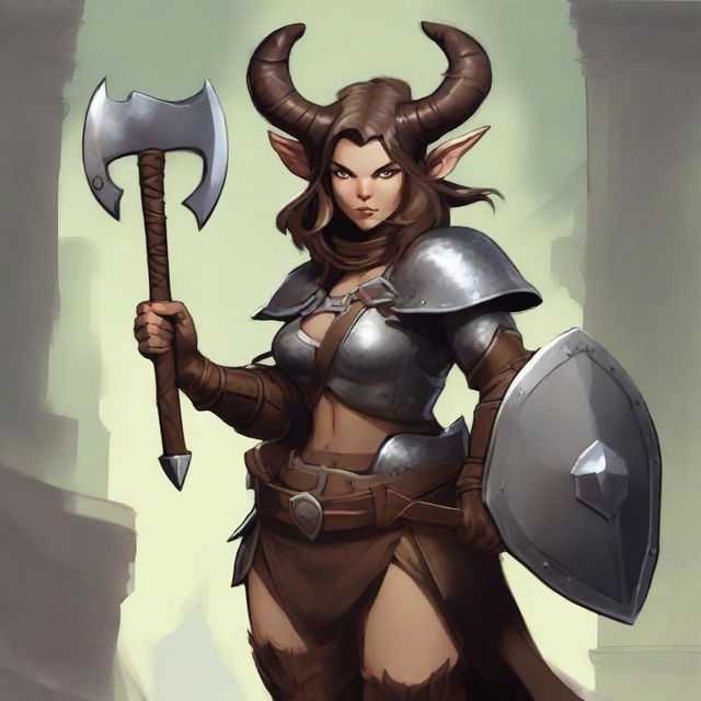 In the style of Dungeons and Dragons, a female satyr with dark brown fur