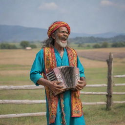 A Baul singer, in colorful attire, passionately singing in front of a rustic, rural landscape complete with open fields and an old wooden fence.