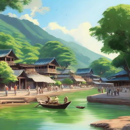 A beautiful landscape of Kayes, featuring lush greenery, a flowing river, and traditional architecture