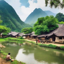 A beautiful landscape of Kayes, featuring lush greenery, a flowing river, and traditional architecture