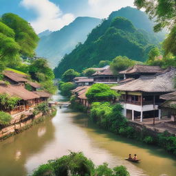 A beautiful landscape of Kayes, featuring lush greenery, a flowing river, and traditional architecture