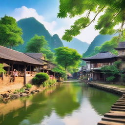 A beautiful landscape of Kayes, featuring lush greenery, a flowing river, and traditional architecture