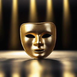 A golden theatre drama mask glowing with shimmering gold magic on a dark empty stage