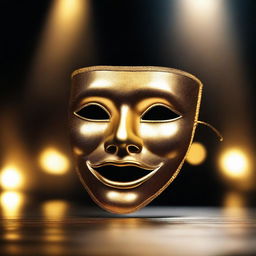 A golden theatre drama mask glowing with shimmering gold magic on a dark empty stage