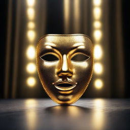 A golden theatre drama mask glowing with shimmering gold magic on a dark empty stage