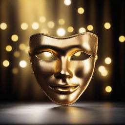 A golden theatre drama mask glowing with shimmering gold magic on a dark empty stage