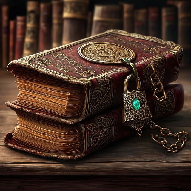 A high-quality image of an old, powerful book with a complicated lock, in a Dungeons and Dragons art style.