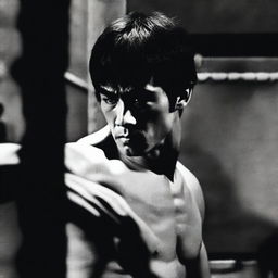 A dramatic and intense scene featuring Bruce Lee in a moment of despair