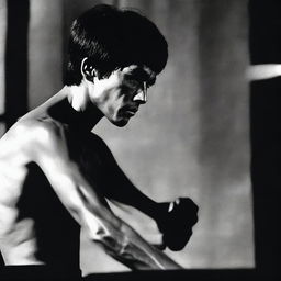 A dramatic and intense scene featuring Bruce Lee in a moment of despair