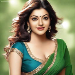 A realistic and beautiful depiction of Kajal Agarwal wearing a blue lace bra that shows ample cleavage, draped in a green saree