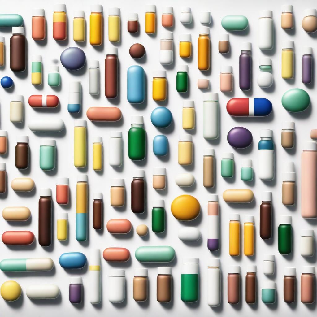 A detailed image of various medicines, including pills, tablets, capsules, and bottles, arranged neatly on a white background