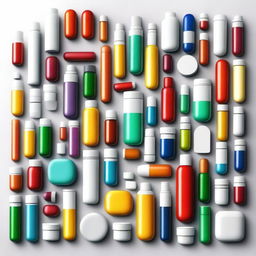 A detailed image of various medicines, including pills, tablets, capsules, and bottles, arranged neatly on a white background