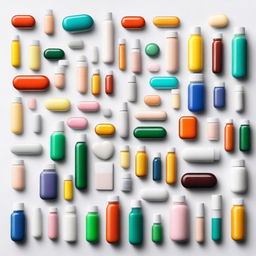 A detailed image of various medicines, including pills, tablets, capsules, and bottles, arranged neatly on a white background