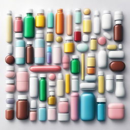 A detailed image of various medicines, including pills, tablets, capsules, and bottles, arranged neatly on a white background