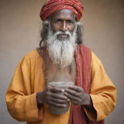 A Baul singer with a long beard, adorned in traditional dress, gently holding an ektara in his hand.