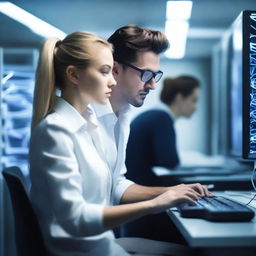 A handsome male programmer is frantically typing on a keyboard in a high-tech server room, surrounded by several young women