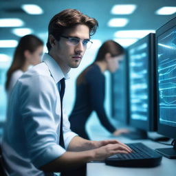 A handsome male programmer is frantically typing on a keyboard in a high-tech server room, surrounded by several young women