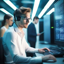 A handsome male programmer is frantically typing on a keyboard in a high-tech server room, surrounded by several young women