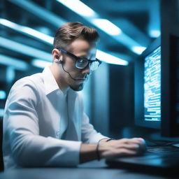 A handsome male programmer is frantically typing on a keyboard in a high-tech server room, surrounded by several young women