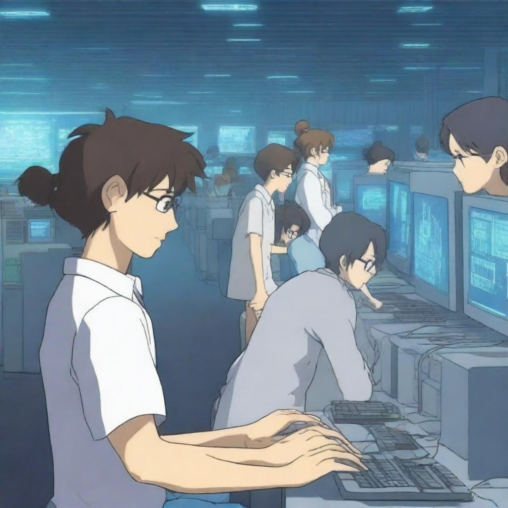 A handsome male programmer is frantically typing on a keyboard in a high-tech server room, surrounded by several young women