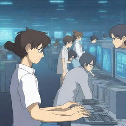 A handsome male programmer is frantically typing on a keyboard in a high-tech server room, surrounded by several young women