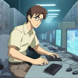 A handsome male programmer is frantically typing on a keyboard in a high-tech server room, surrounded by several young women