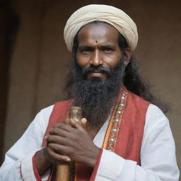 A Baul singer with a long beard, adorned in traditional dress, gently holding an ektara in his hand.