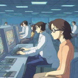 A handsome male programmer is frantically typing on a keyboard in a high-tech server room, surrounded by several young women