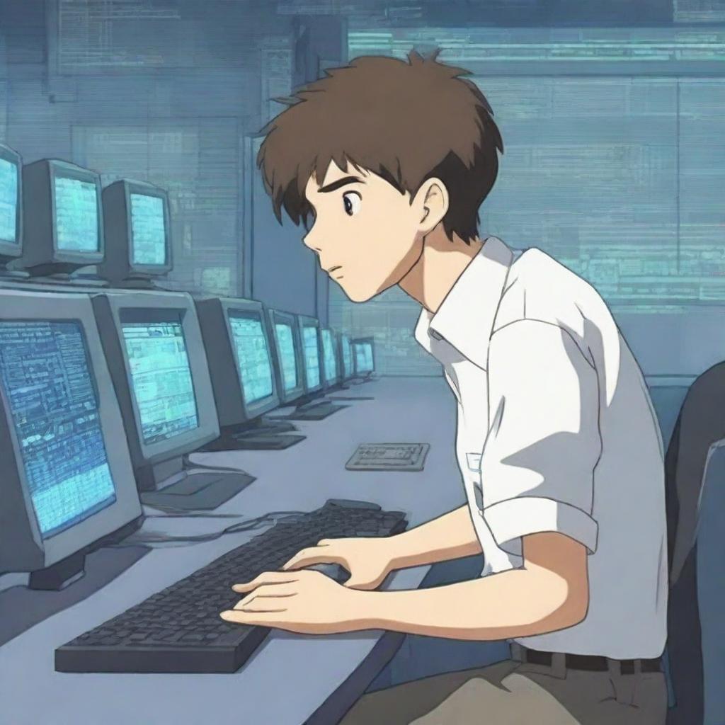 A handsome male programmer is frantically typing on a keyboard in a high-tech server room, surrounded by several young women