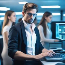 A handsome male programmer is frantically typing on a keyboard in a high-tech server room, surrounded by several young women