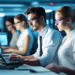 A handsome male programmer is frantically typing on a keyboard in a high-tech server room, surrounded by several young women