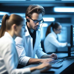 A handsome male programmer is frantically typing on a keyboard in a high-tech server room, surrounded by several young women