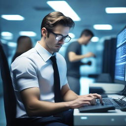 A handsome male programmer is frantically typing on a keyboard in a high-tech server room, surrounded by several young women