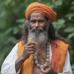 A Baul singer with a long beard, adorned in traditional dress, gently holding an ektara in his hand.