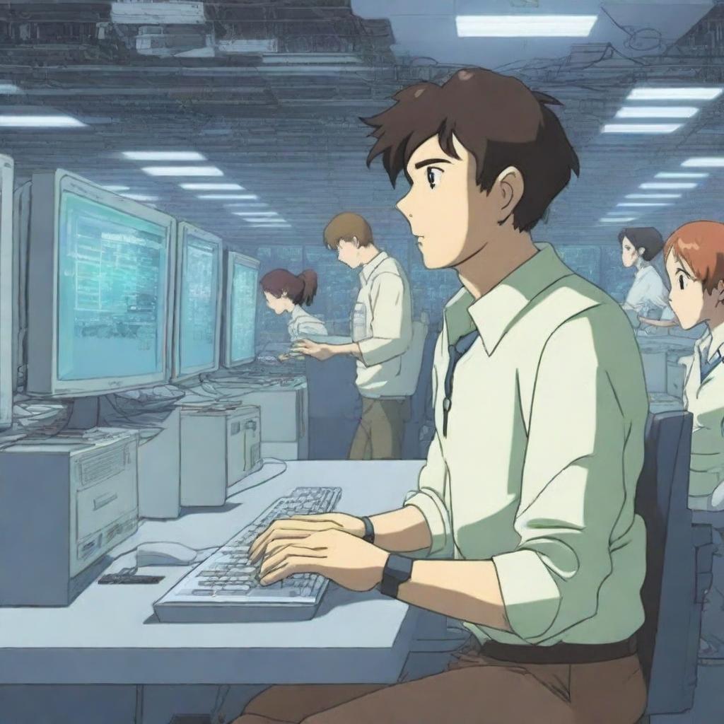 A handsome male programmer is frantically typing on a keyboard in a high-tech server room, surrounded by many young women