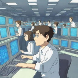 A handsome male programmer is frantically typing on a keyboard in a high-tech server room, surrounded by many young women