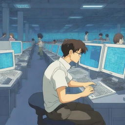 A handsome male programmer is frantically typing on a keyboard in a high-tech server room, surrounded by many young women