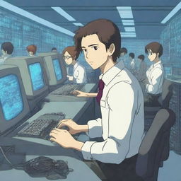 A handsome male programmer is frantically typing on a keyboard in a high-tech server room, surrounded by many young women